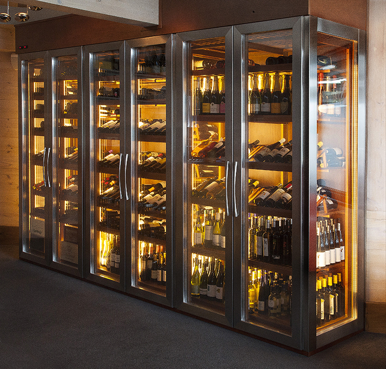 Bodega climatizada Acero y cristal con baldas de madera 