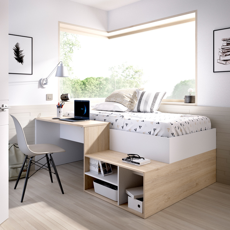 Cama Compacta Juvenil KRIC Blanco Natural con Escritorio