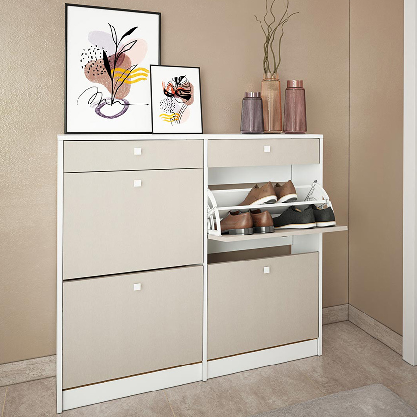 Zapatero 4 Trampones y 2 Cajones Blanco Liso Textil Ref.306