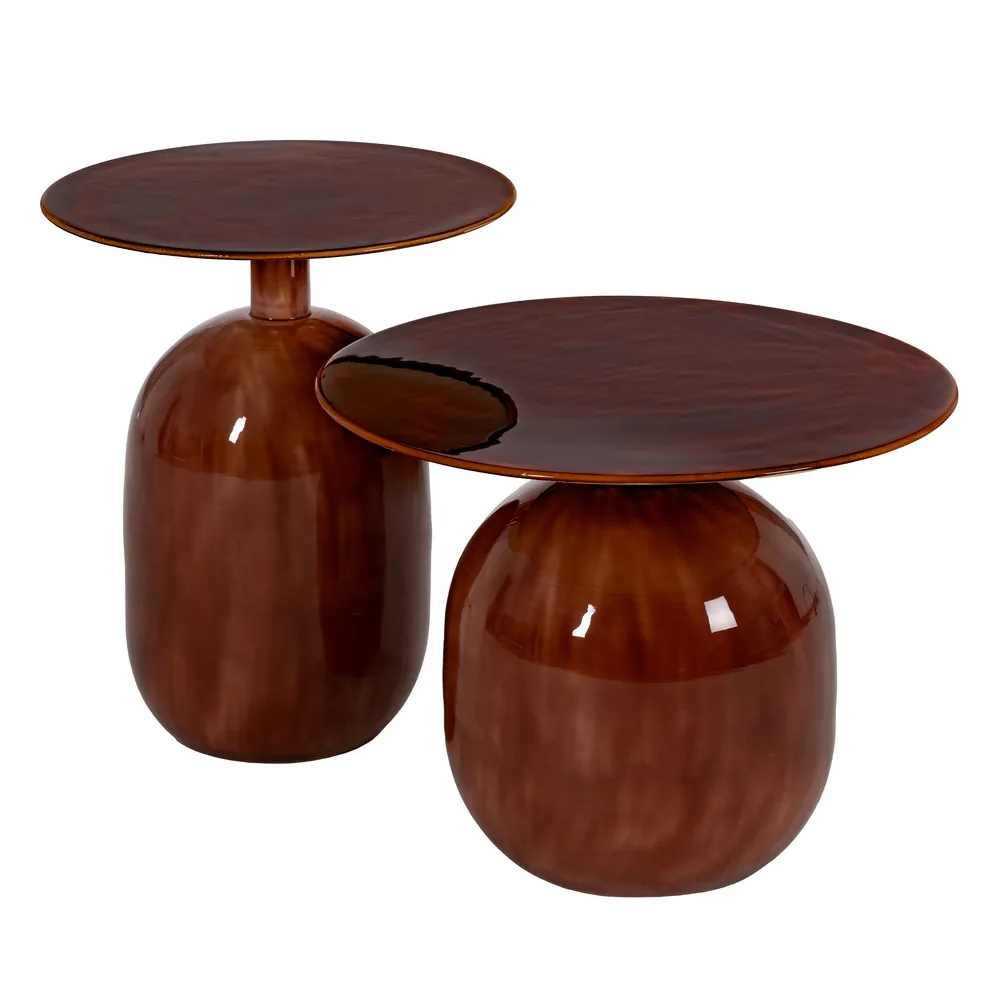 Set 2 Mesitas Auxiliares de Hierro Esmaltado Marrón