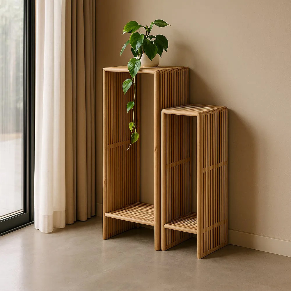 Set 2 Peanas de Madera de Teca Natural 27 x 33 x 86 cm 