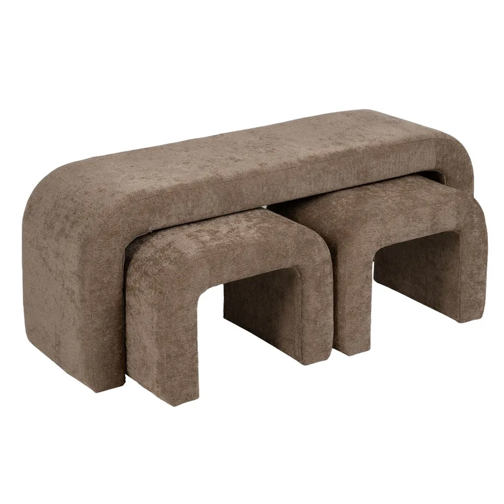 Set 3 Bancos de Madera y Tejido de Poliéster Taupe 42 x 126 x 48 cm 