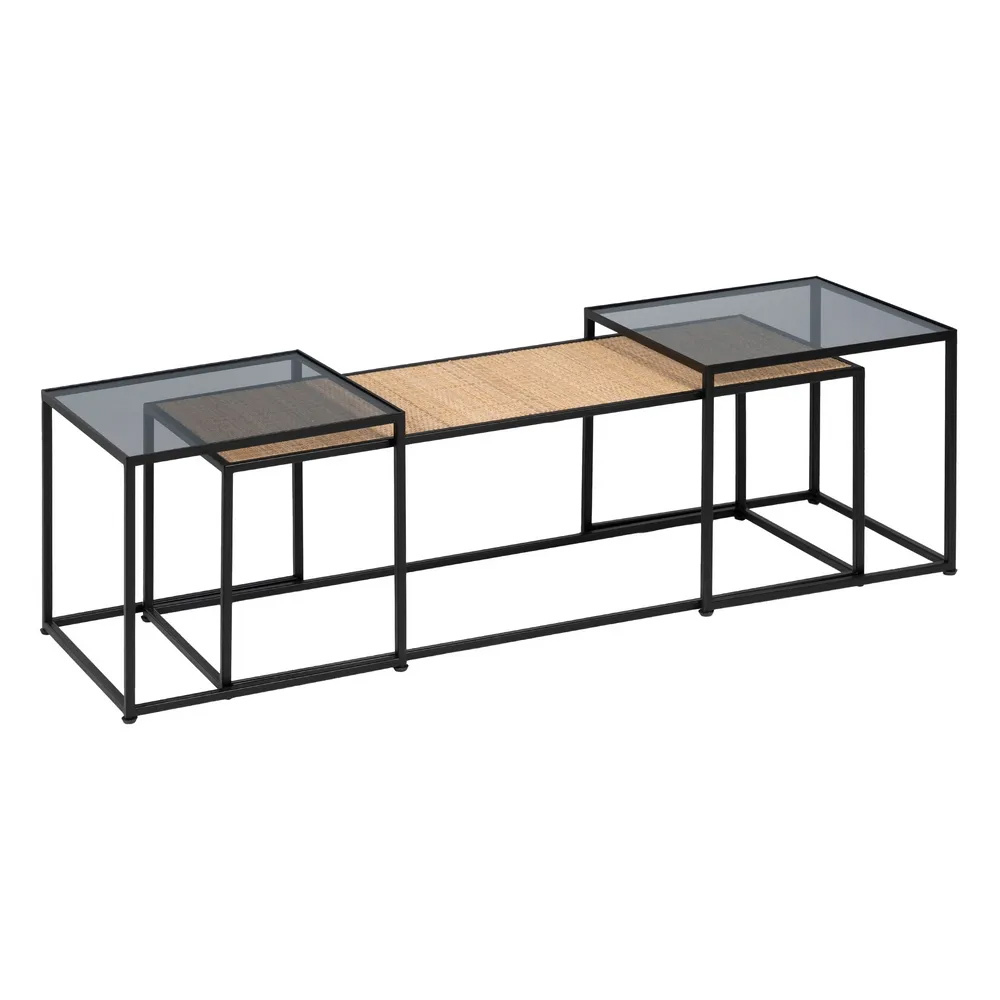 Set 3 Mesas de Centro de Hierro y Ratán 34 x 97,5 x 35 cm