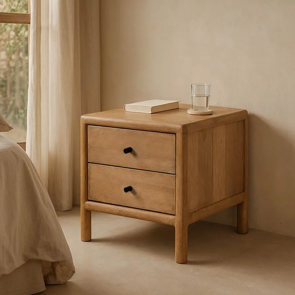 Mesita de Noche de Madera Natural 2 Cajones 45 x 45 x 45 cm  