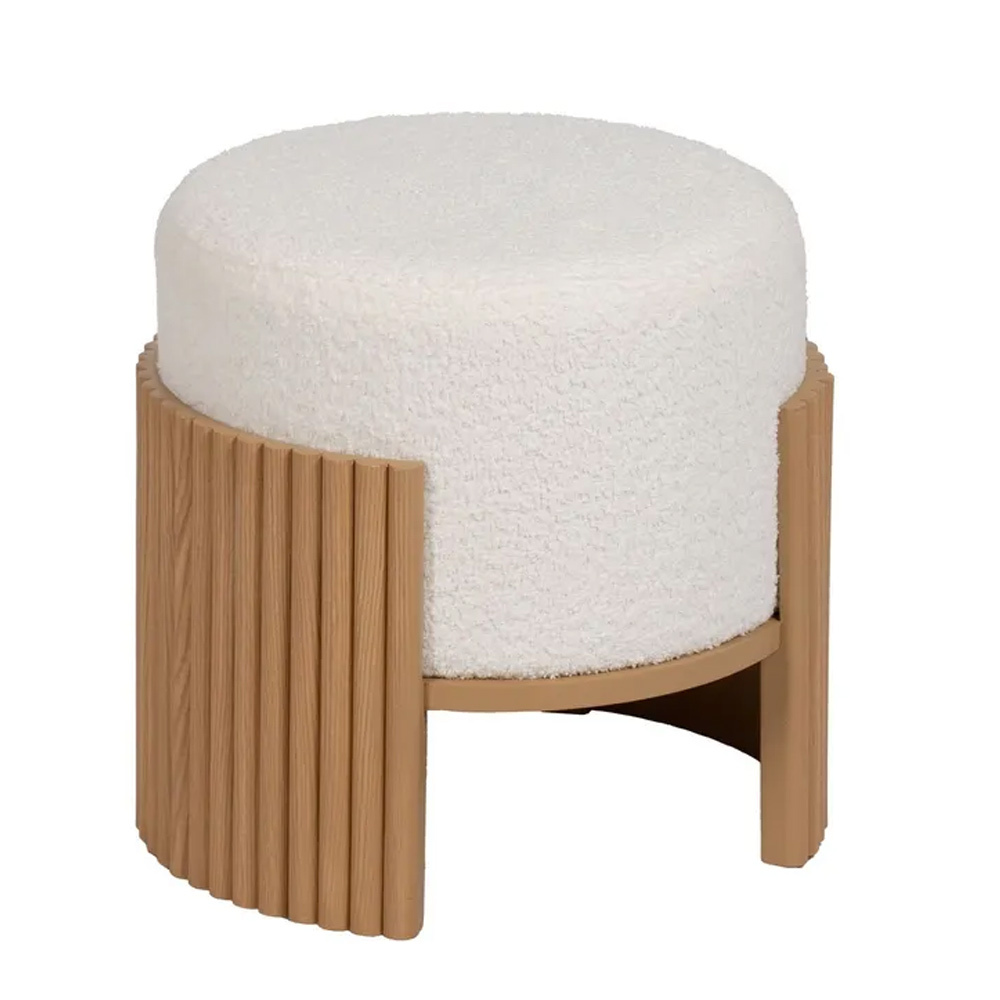 Puf Banco de Madera DM Natural y Tejido Chenilla Blanco 43 x 43 x 41 cm   