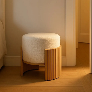 Puf Banco de Madera DM Natural y Tejido Blanco 43 x 43 x 41 cm 