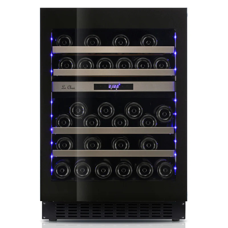 Vinoteca negra encastrable bajo encimera gama alta 45 botellas 2 zonas apertura push-pull Le Chai LBN458PO 