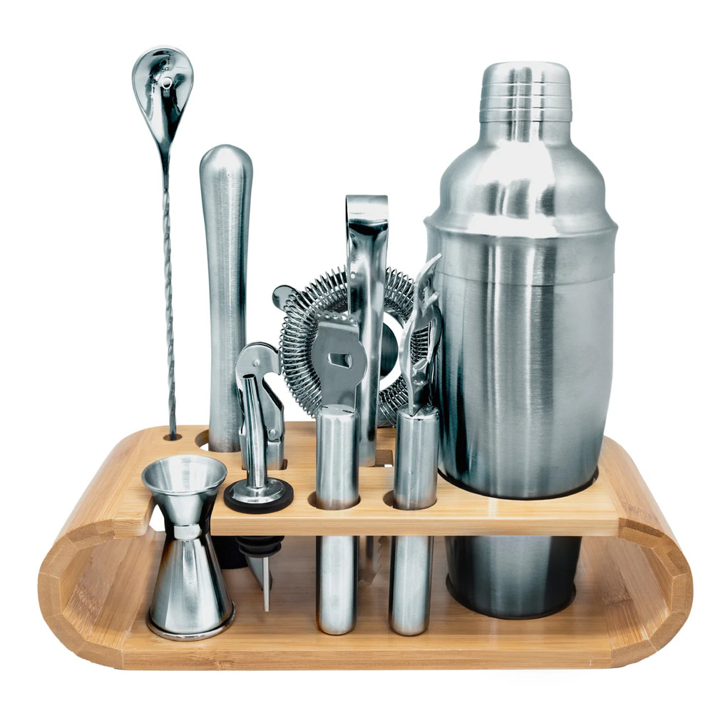 Set de Coctelería Inox con Base de Bambú 